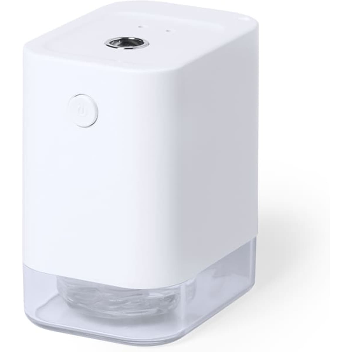 A white hand sanitiser dispenser with a clear base and a button on the top. It has a sleek, modern design.