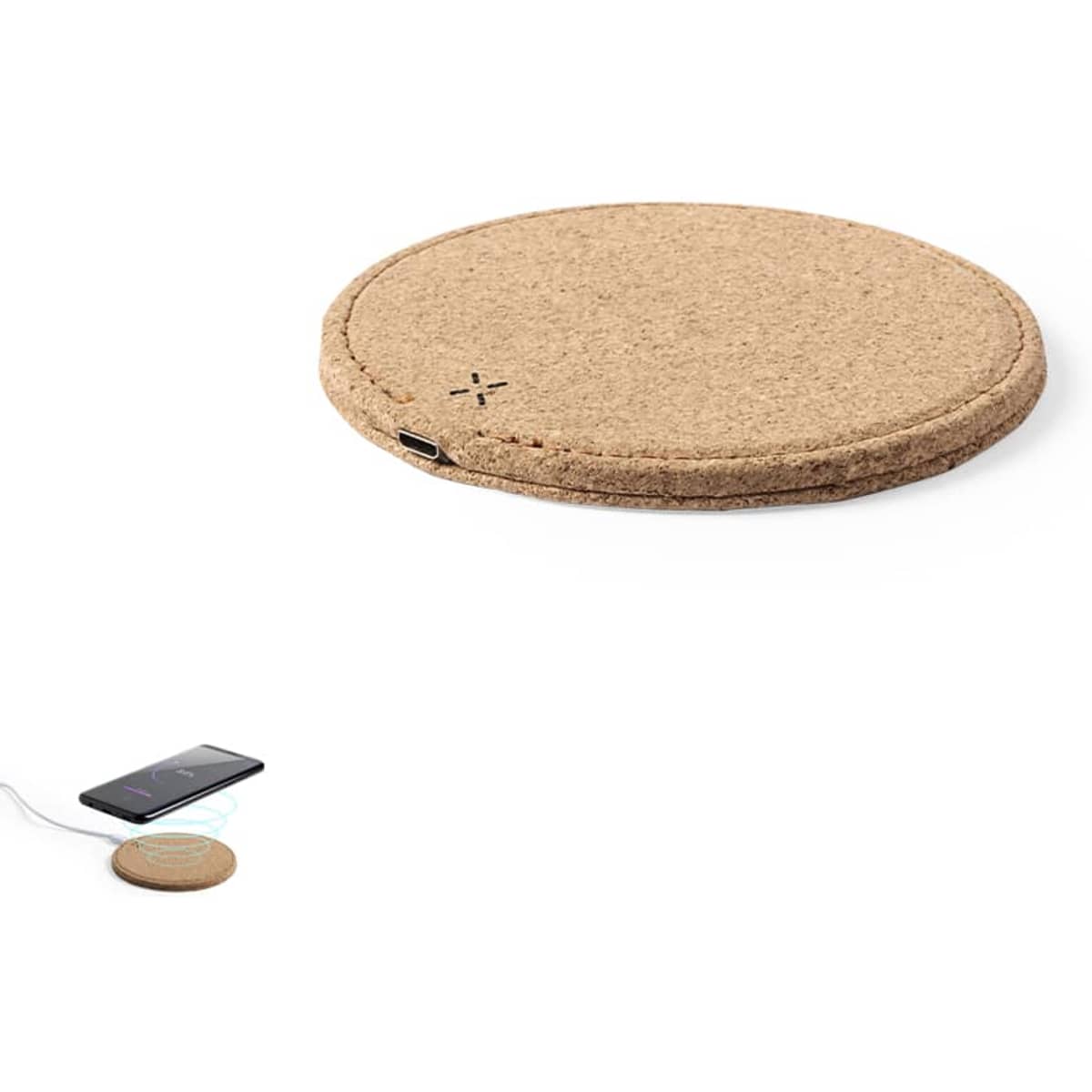 A round, cork wireless charger featuring a simple design, with a USB port on the side.