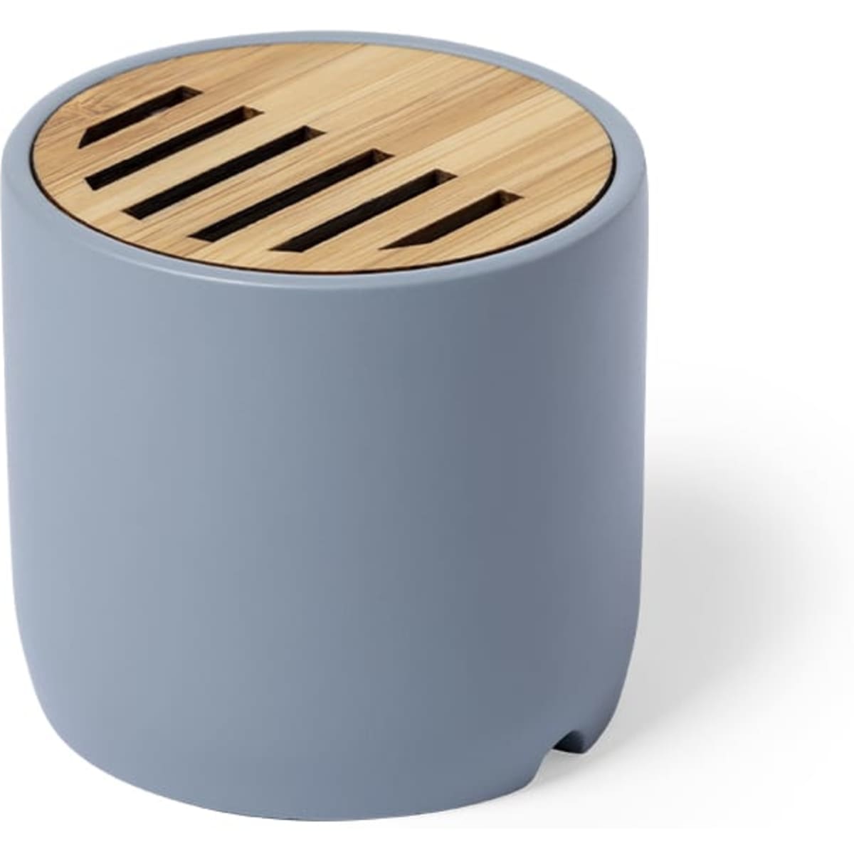 A cylindrical blue speaker featuring a wooden top with slits for sound projection. It has a smooth finish and a modern design.