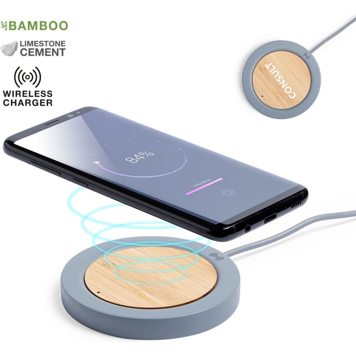 A wireless charger featuring a bamboo and limestone cement design in grey, with a smartphone positioned above it.
