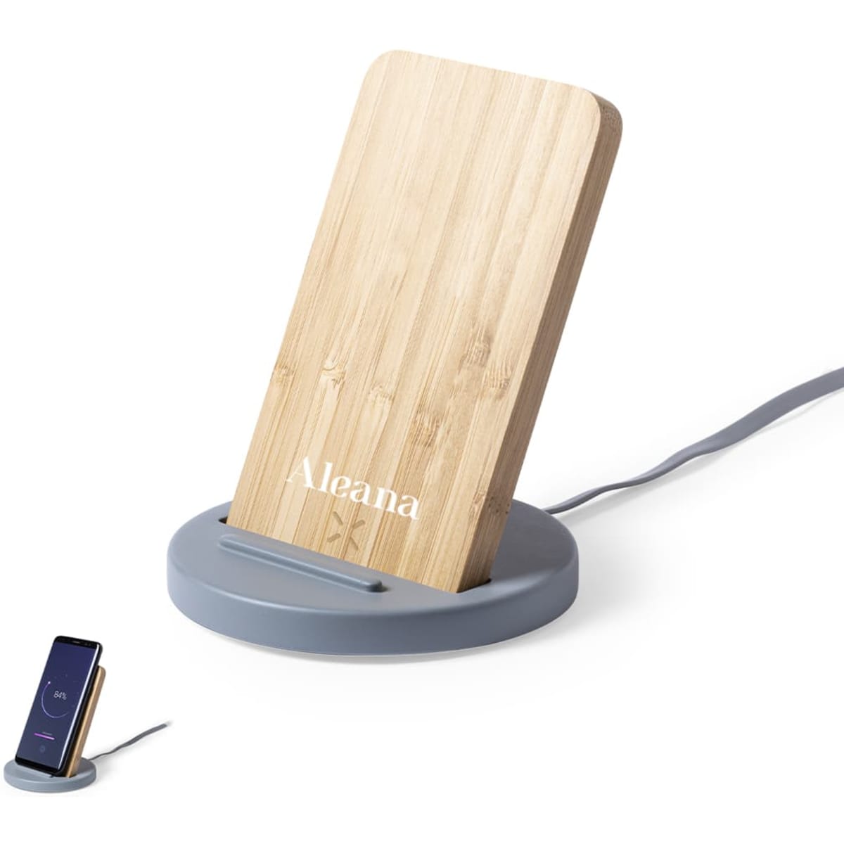 A wireless charger with a bamboo surface and grey base, designed for smartphones. It features a branding logo.