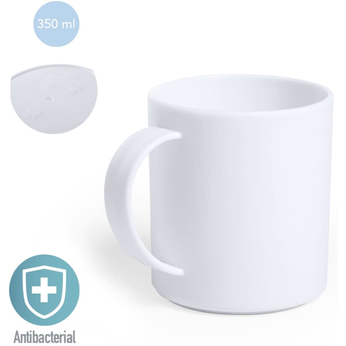 A white antibacterial coffee mug with a handle, featuring a round lid and a logo. Holds 350 ml.