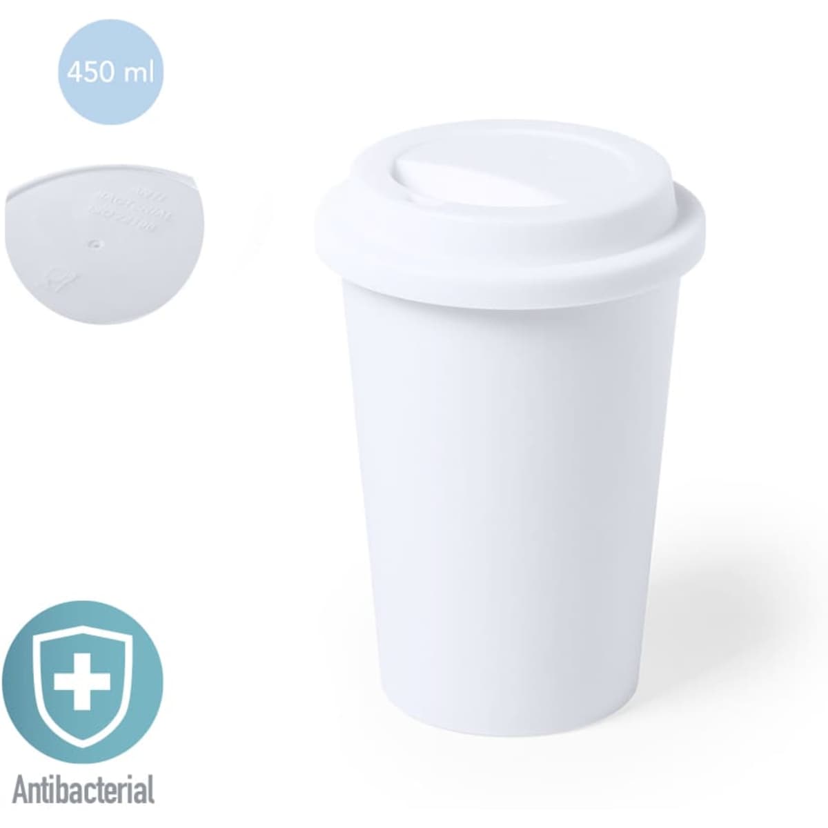 A white antibacterial cup with a lid, holding 450 ml, featuring a logo on the side.