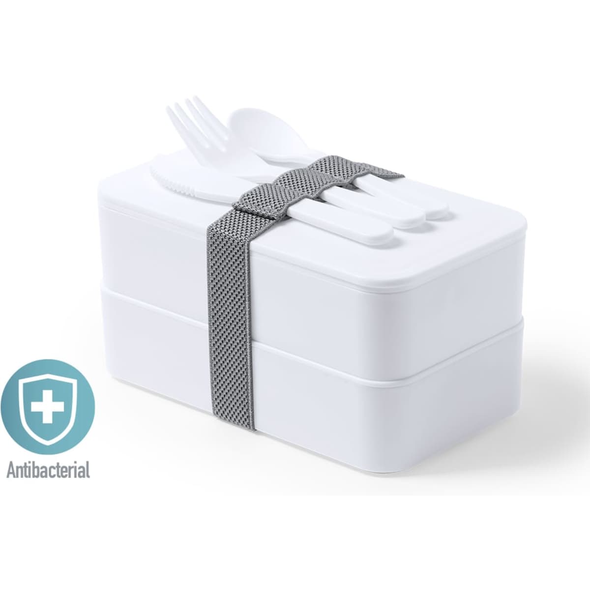 A white Fandex Lunch Box featuring two stacked compartments and a grey strap, with cutlery included on top.