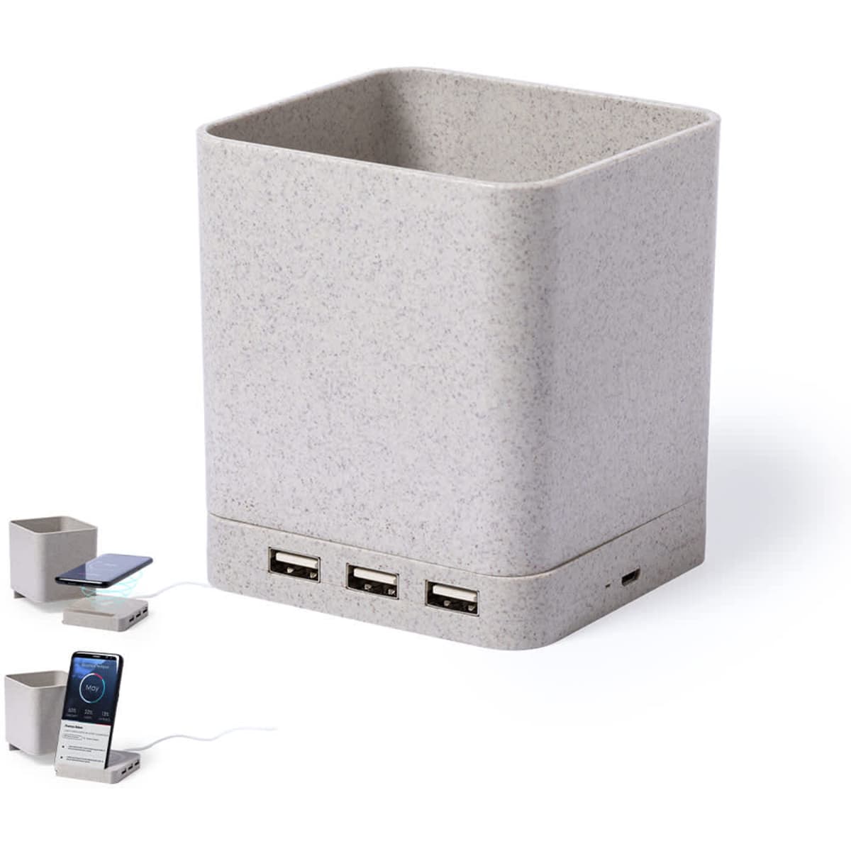 A grey square pencil holder with USB ports for charging devices. It includes a logo on the side.