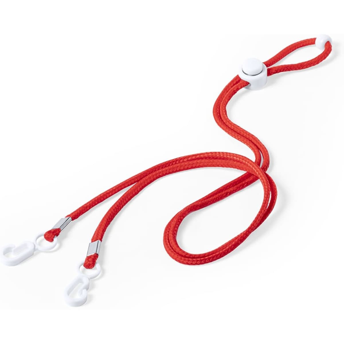 A red lanyard with white clips and an adjustable fastener, designed for holding ID badges or keys.
