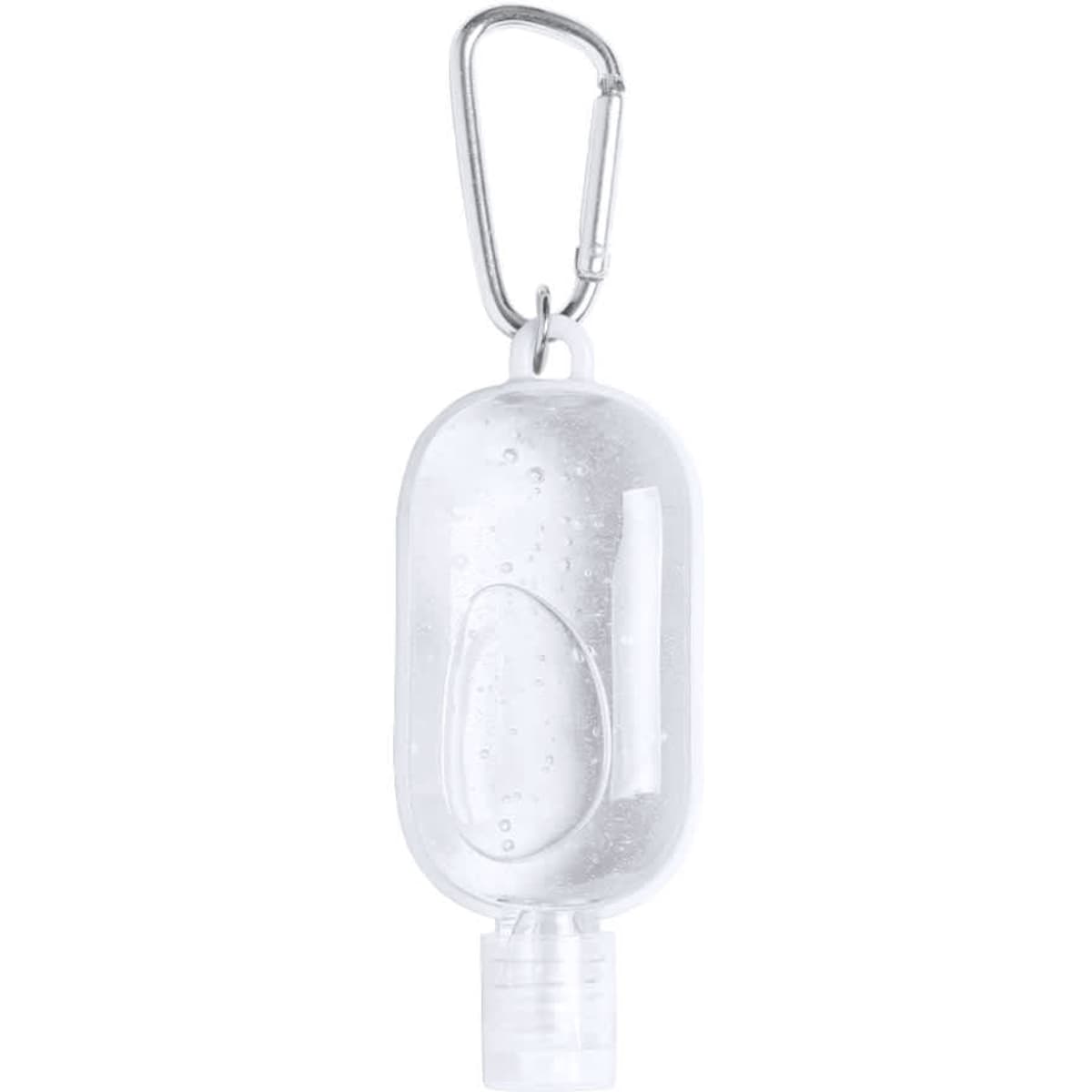 A clear hand sanitiser bottle with a carabiner clip attached for easy carrying.