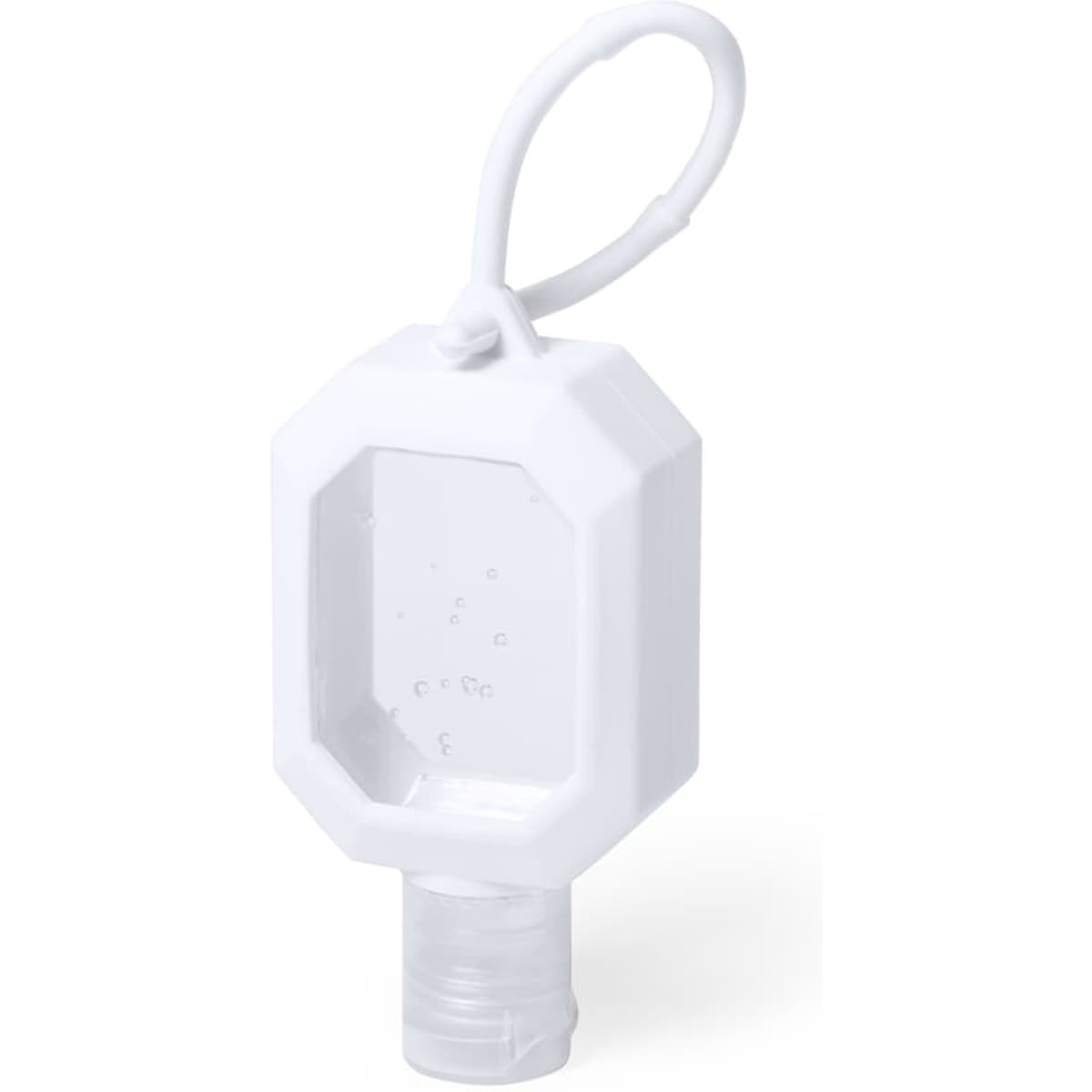 A hand sanitiser in a white octagonal bottle with a clear liquid inside and a loop for attachment.