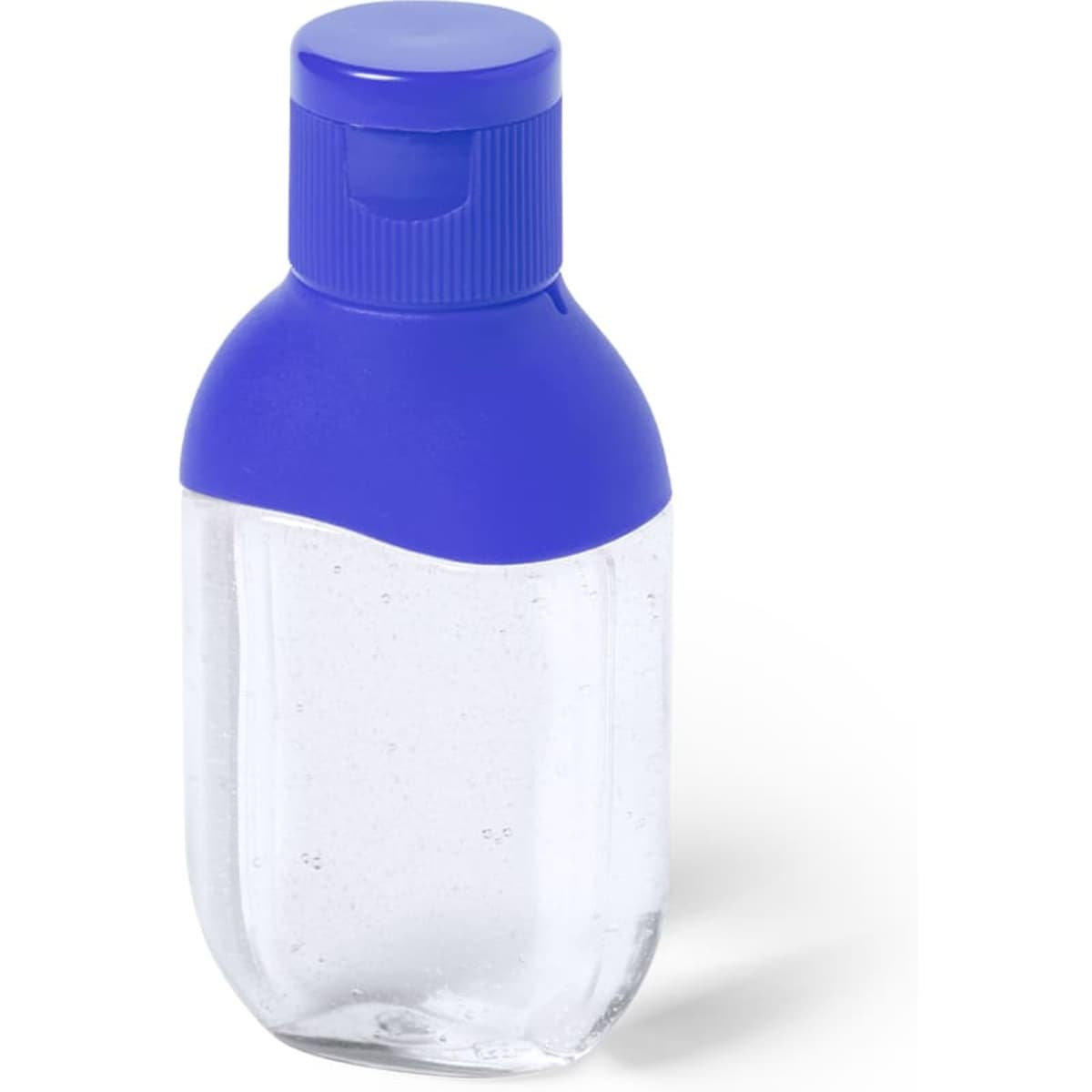 A hand sanitiser bottle with a blue cap, containing a clear gel. Features a smooth, contoured design.
