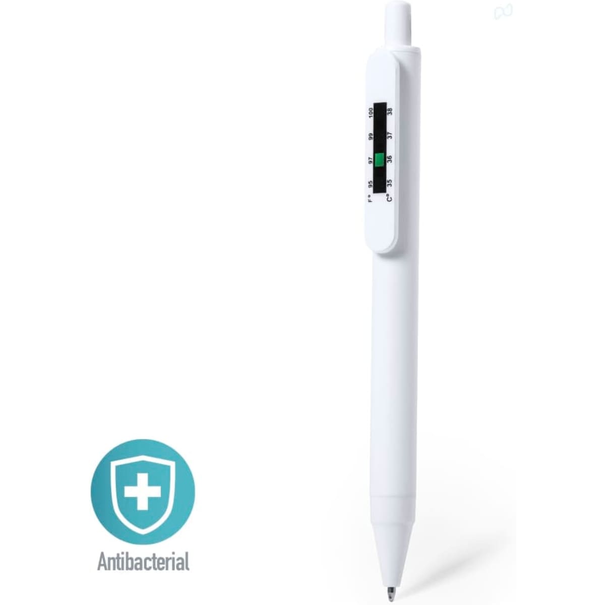 A white antibacterial plastic pen with a logo on the side and a clear multi-function measurement scale.
