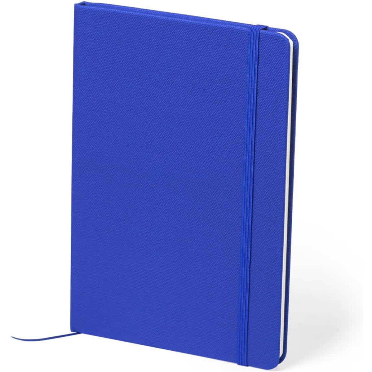 A blue notebook with a textured cover, featuring an elastic closure and a ribbon bookmark.