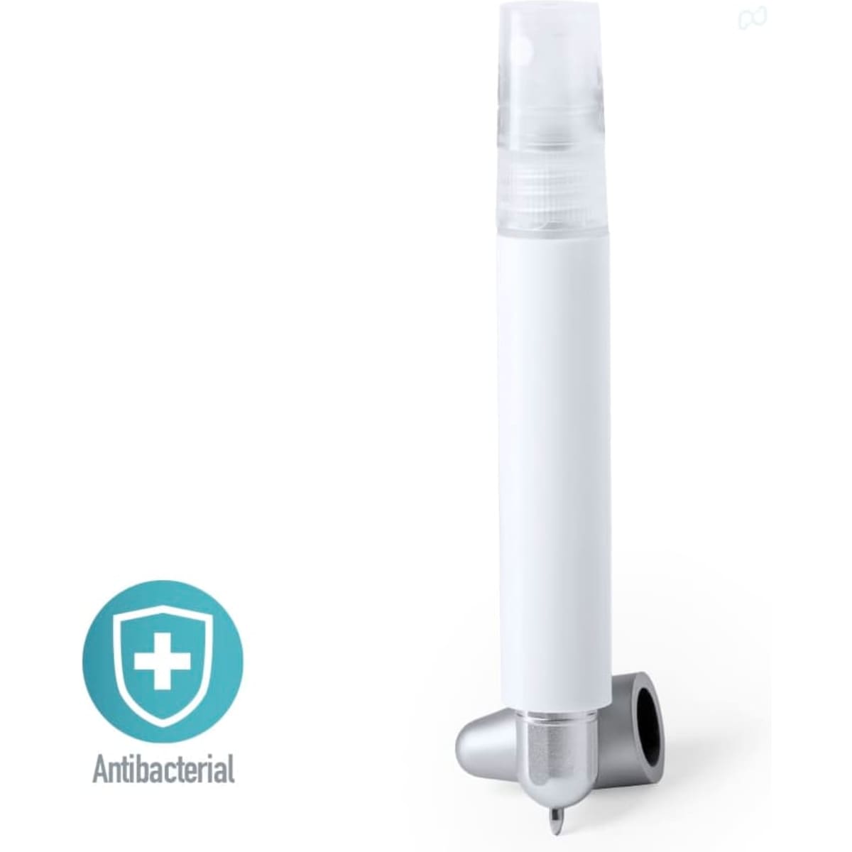 A white antibacterial pen with a silver tip. The pen has a transparent cap and an attached base.