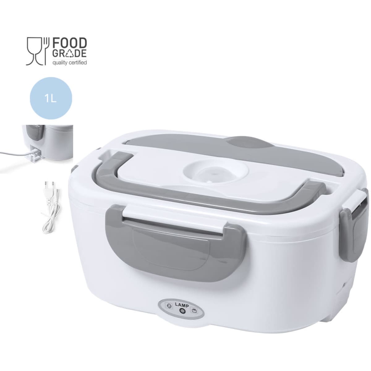 A grey and white electric lunch box with a handle, featuring a power cord and a food grade certification emblem.