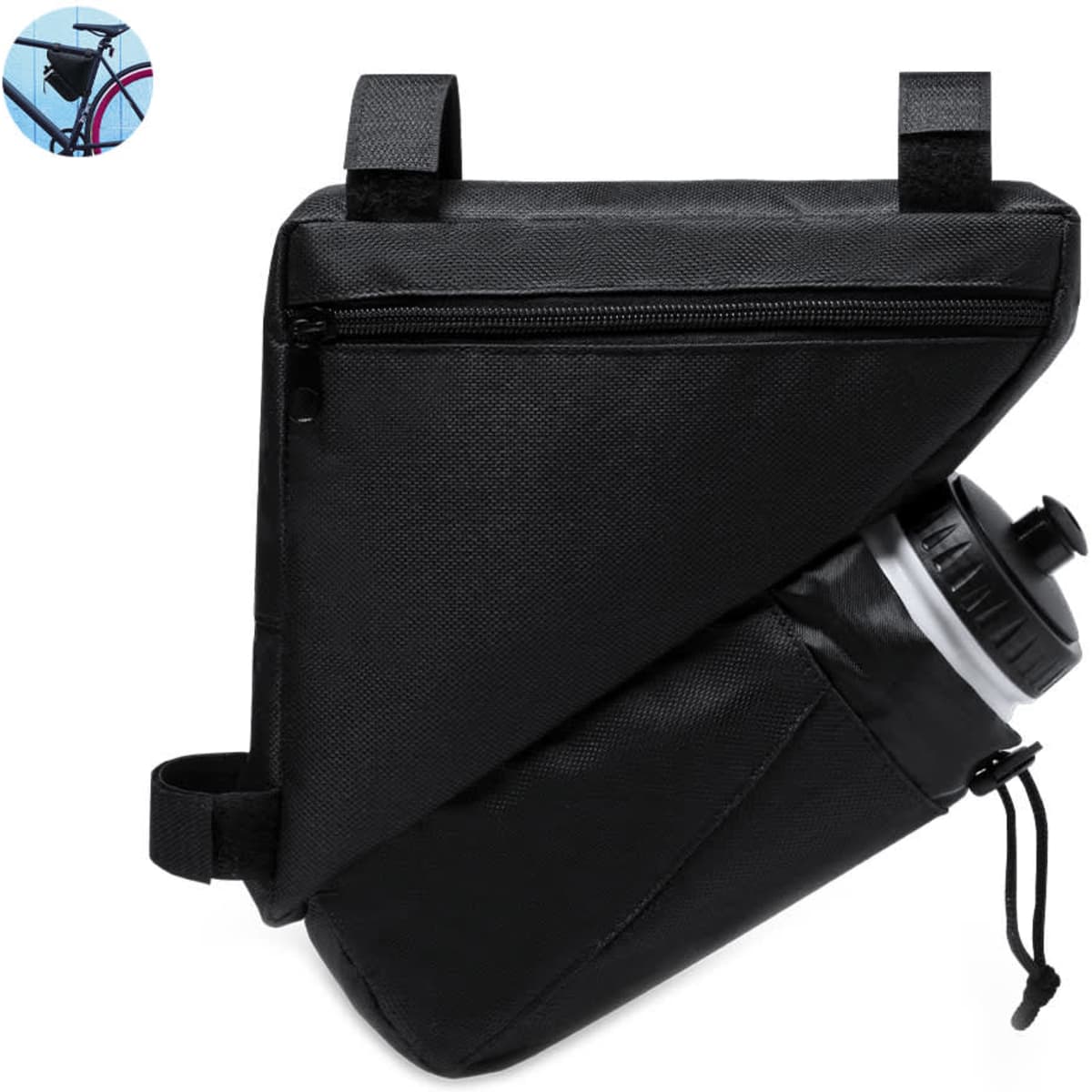 A black bike bag with a drink bottle, featuring a zipper compartment and a logo. Ideal for various storage needs.