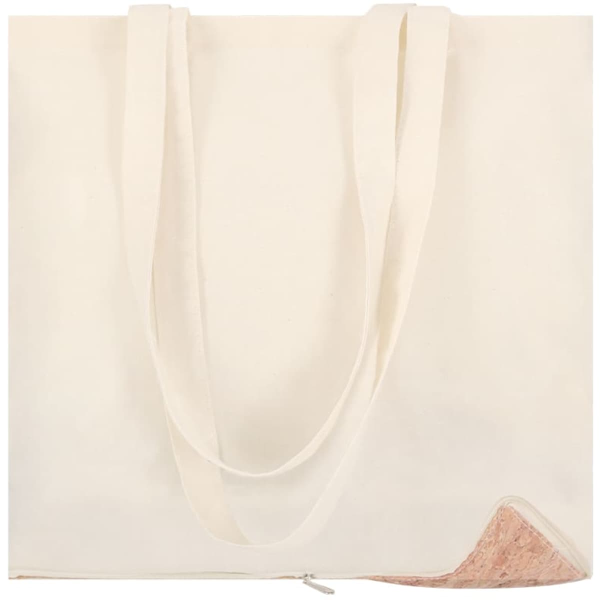 A cream tote bag with a textured corner and handles. It features a discreet logo and a zip closure.