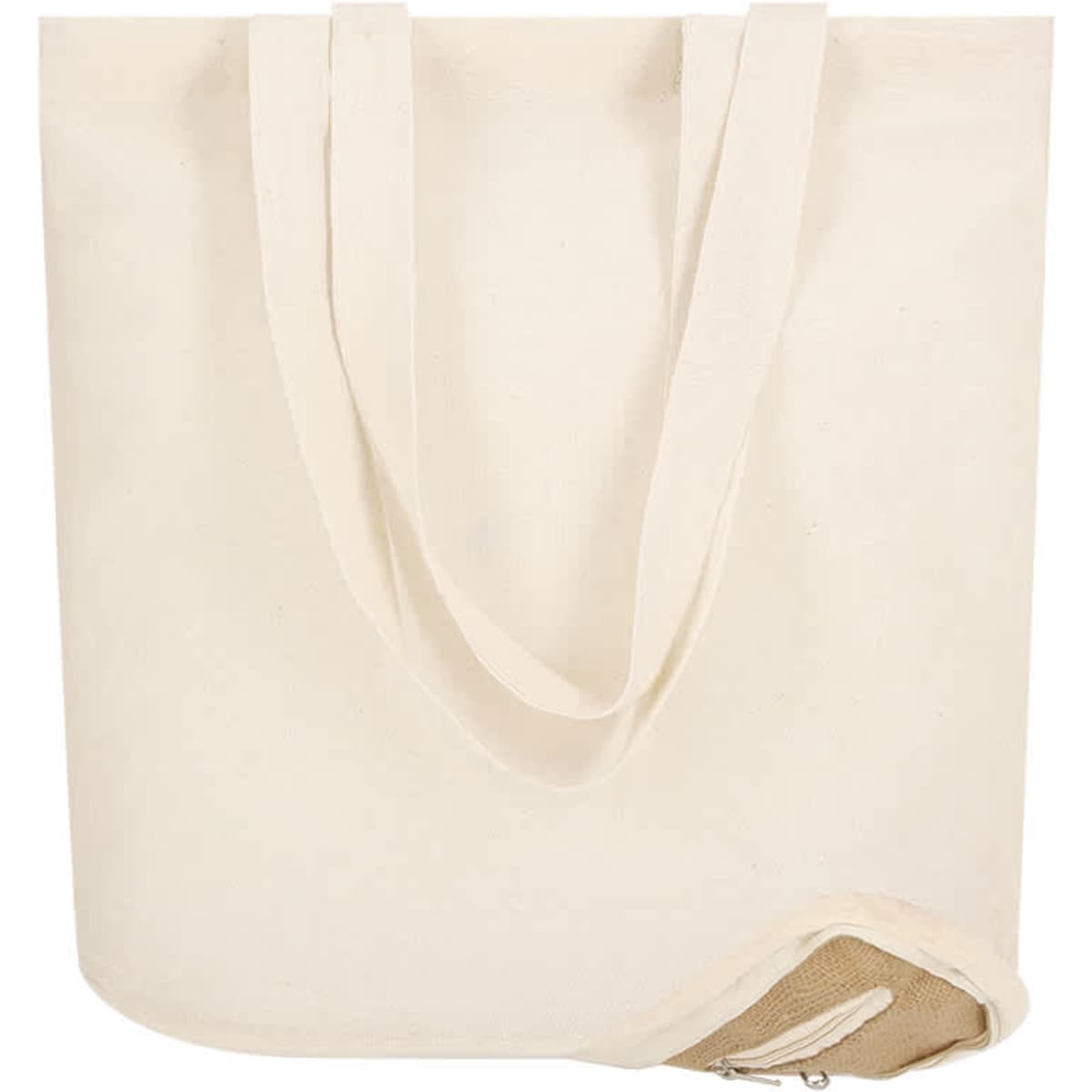 A foldable bag in a cream colour with long handles and a zippered pocket at the base. It features a logo.