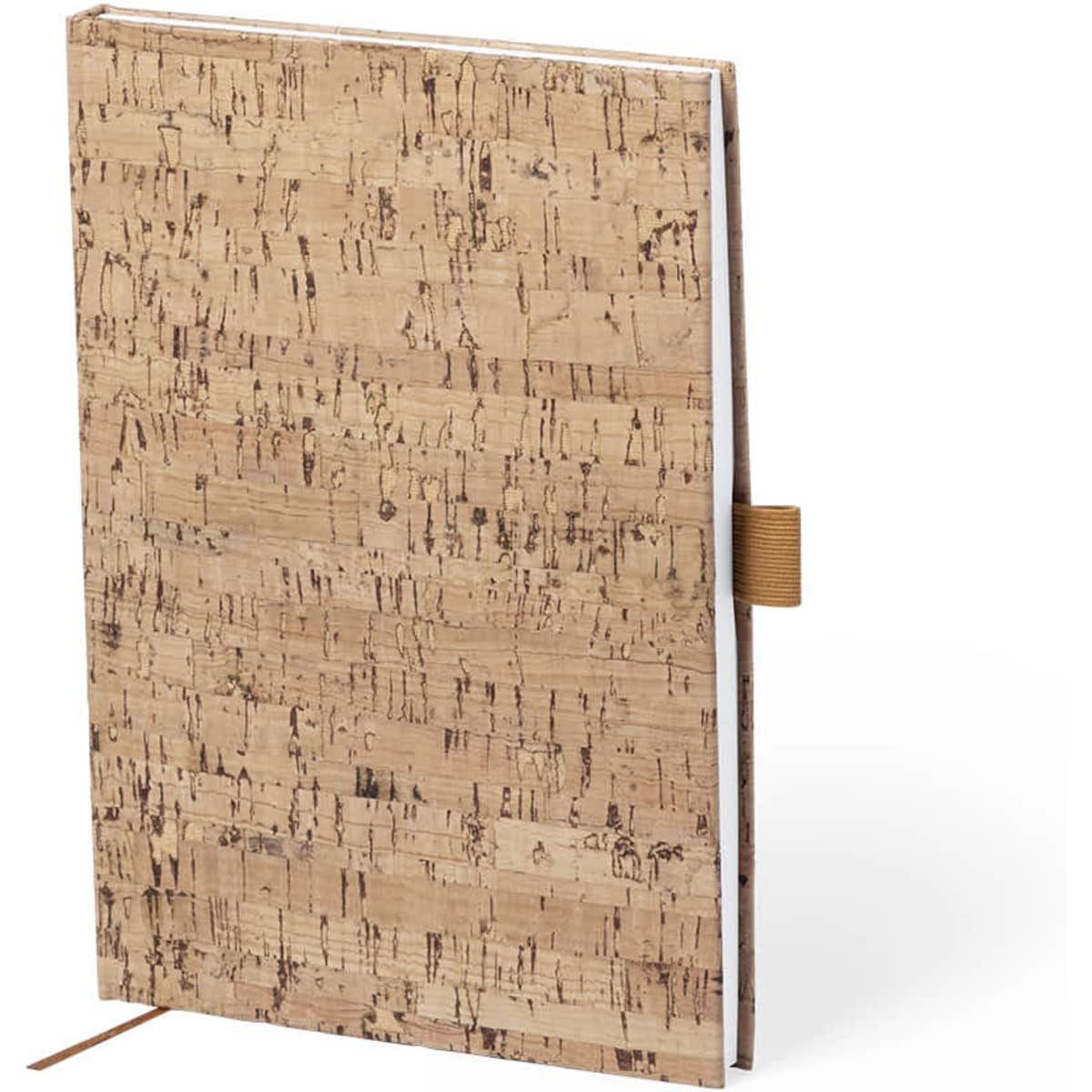 A cork-textured notebook with a brown elastic band closure. The cover features a natural cork finish.