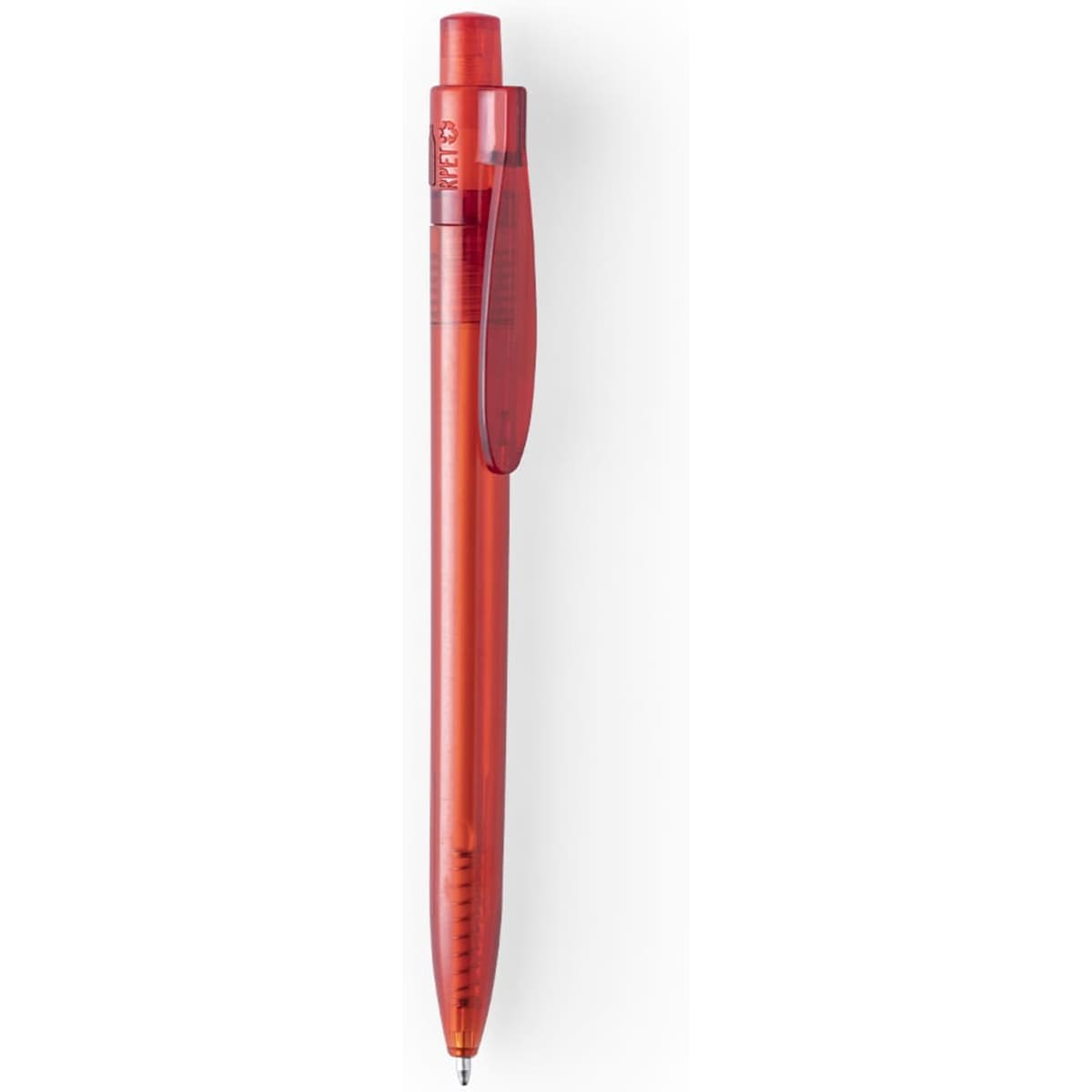A plastic pen in bright red with a transparent barrel and a clip, featuring a logo on its body.