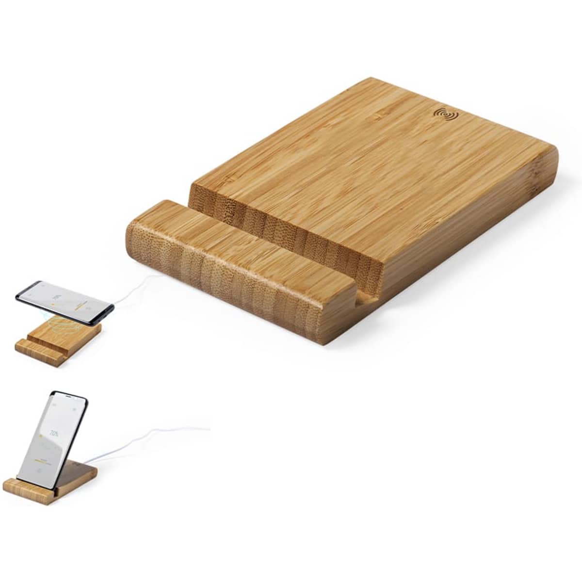 A wooden wireless charger in light brown with an integrated phone stand, displaying two smartphones being charged.