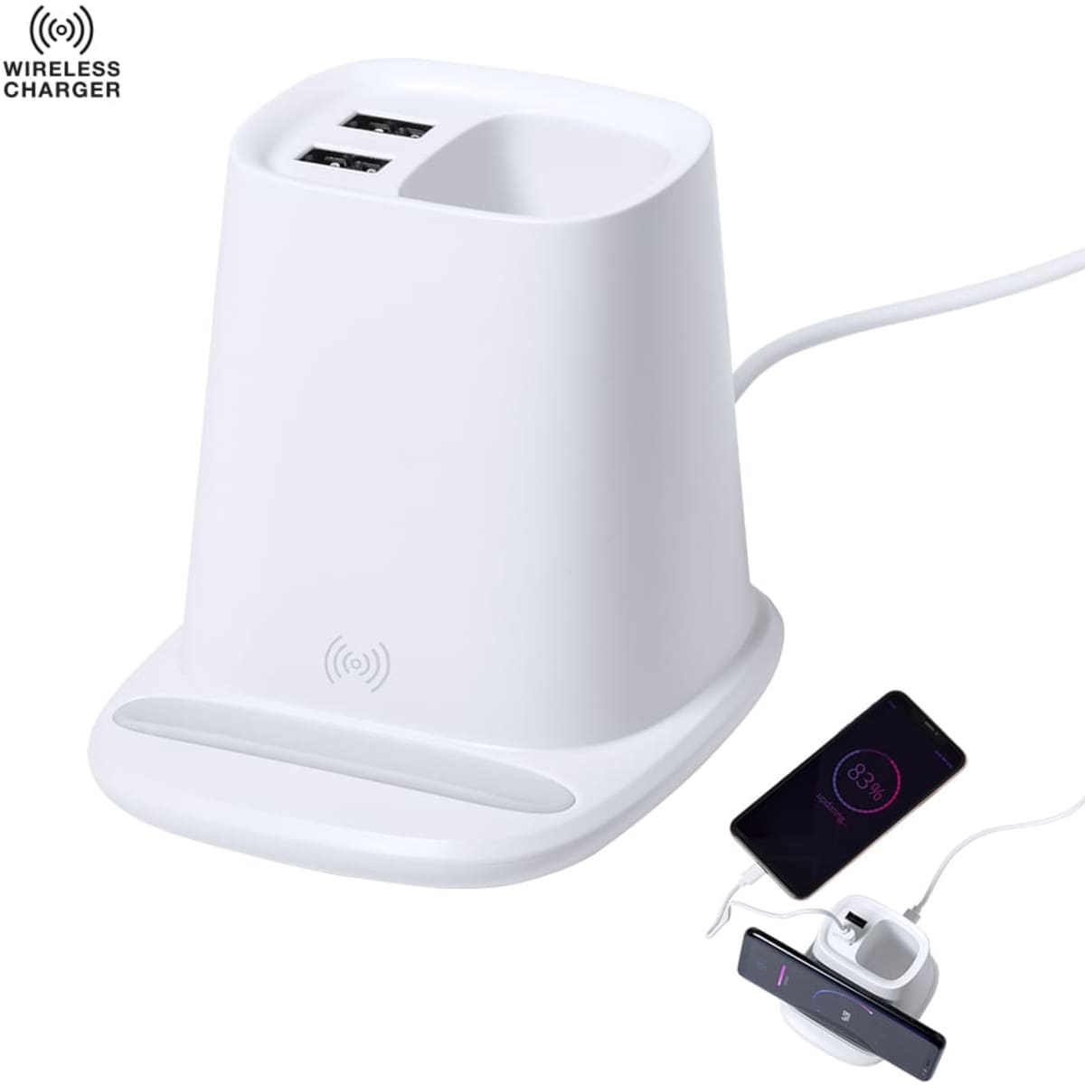 A white multifunction pencil holder with dual USB ports and a wireless charging pad for devices.