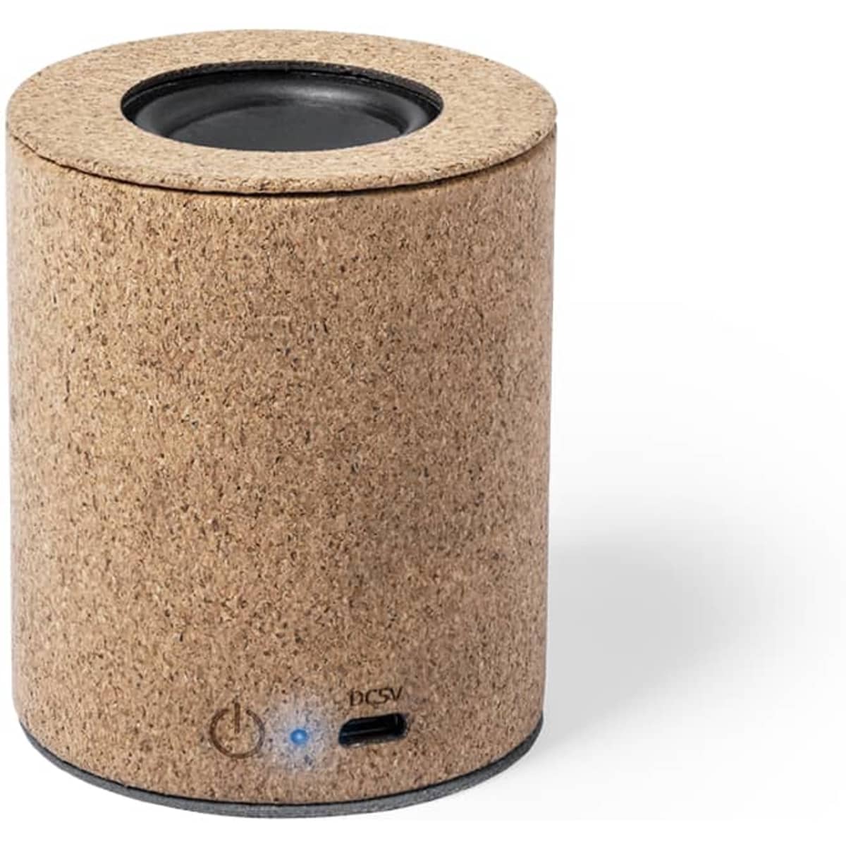 A cylindrical Bluetooth speaker with a natural cork exterior, featuring a USB-C port and a power button indicator.