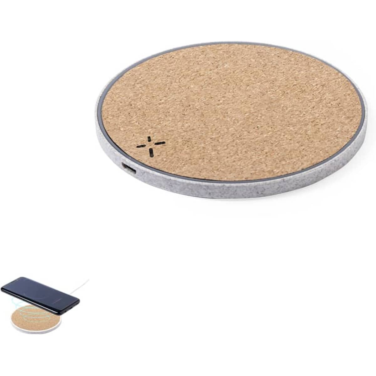 A round wireless charger featuring a cork top and grey base, designed for charging devices wirelessly.