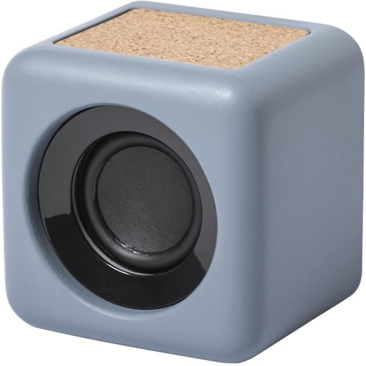 A compact Bluetooth speaker in light grey with a cork top and a black speaker grille. Features a simple cube design.