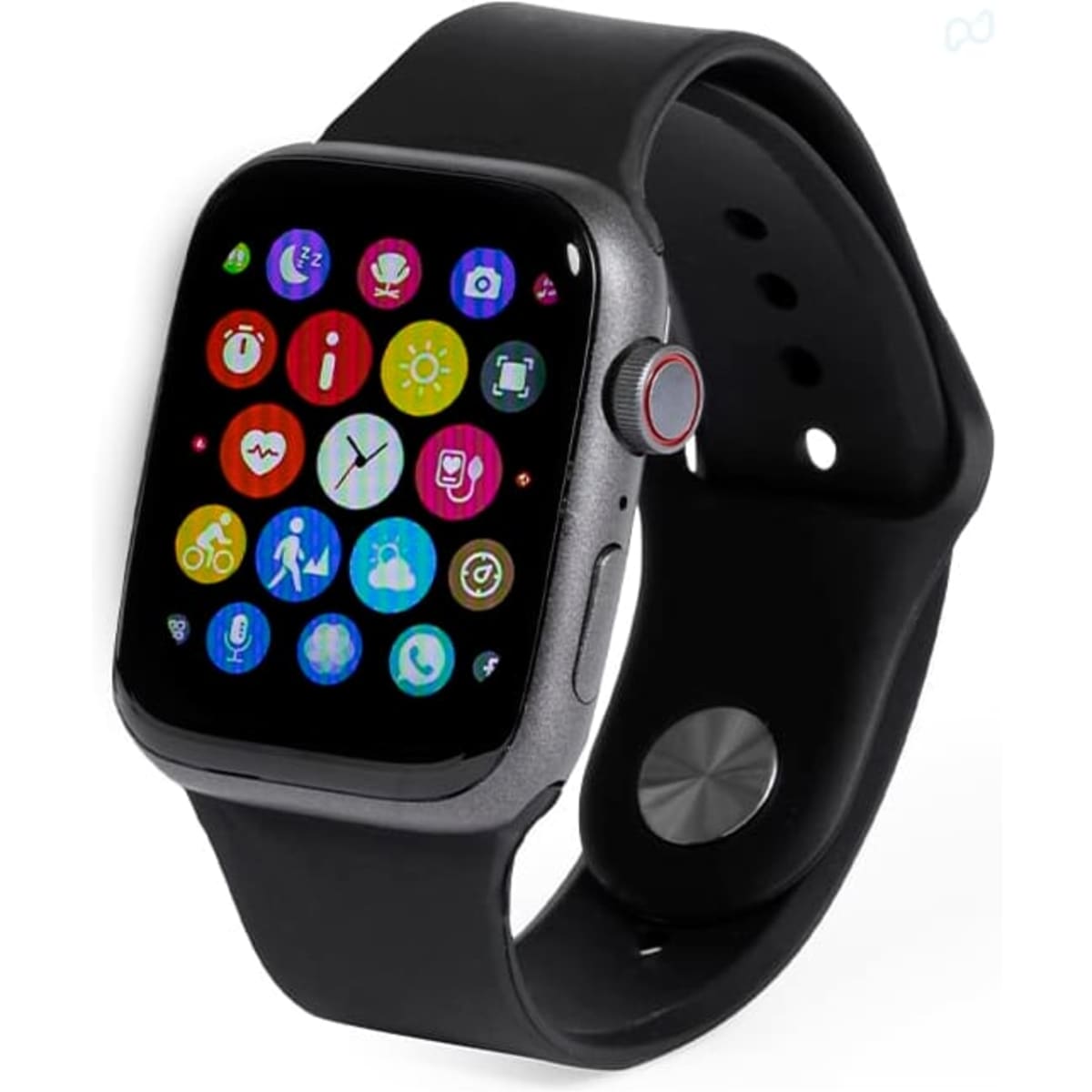 A smartwatch with a black strap, featuring a vibrant touchscreen displaying various apps and icons.