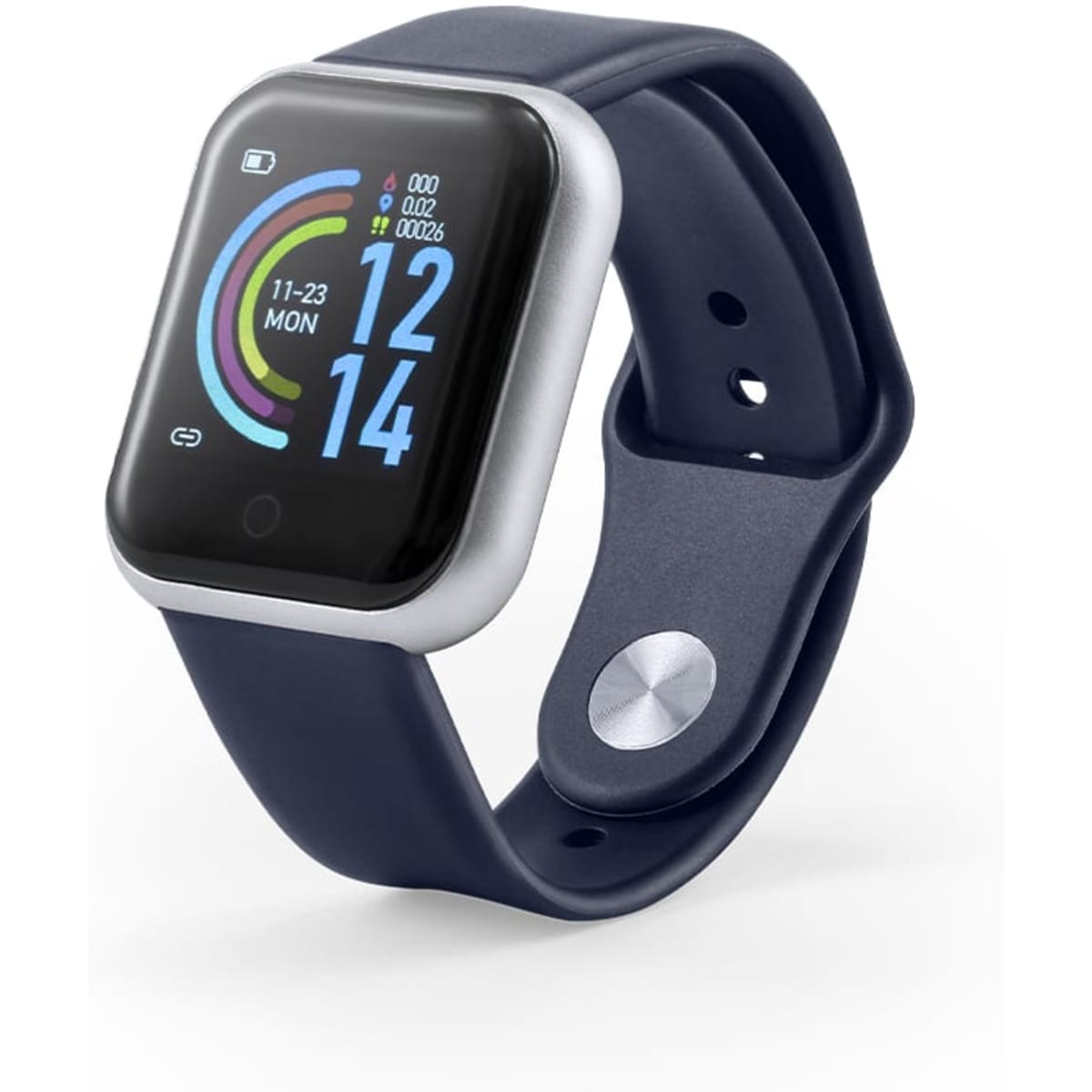 A navy blue smartwatch with a square face displaying various digital metrics and a silver button on the side.