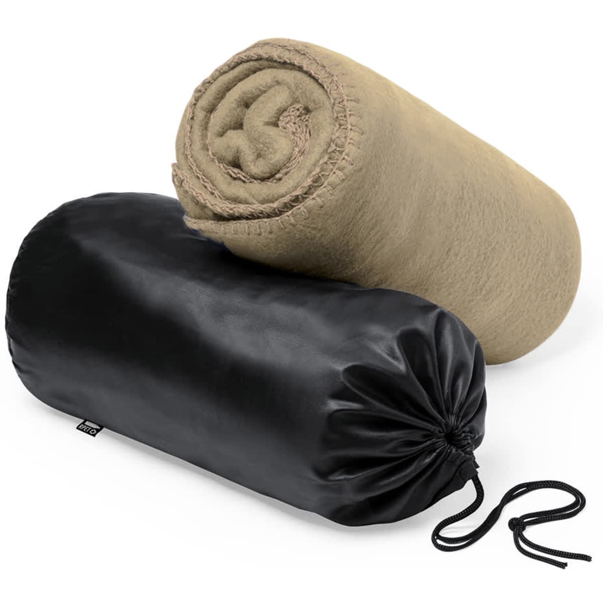 A rolled beige blanket and a black storage bag, showcasing the Kayla Blanket in a compact design.