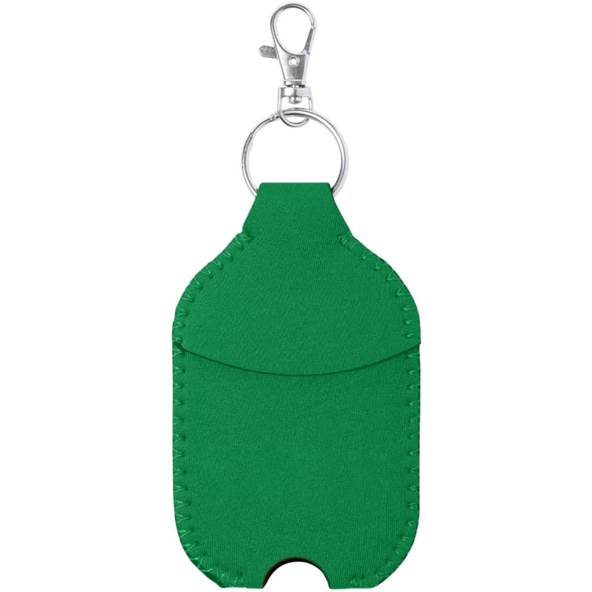 A green pouch with a keyring clip, designed for holding hand sanitiser or similar items. It features a simple, sleek design.