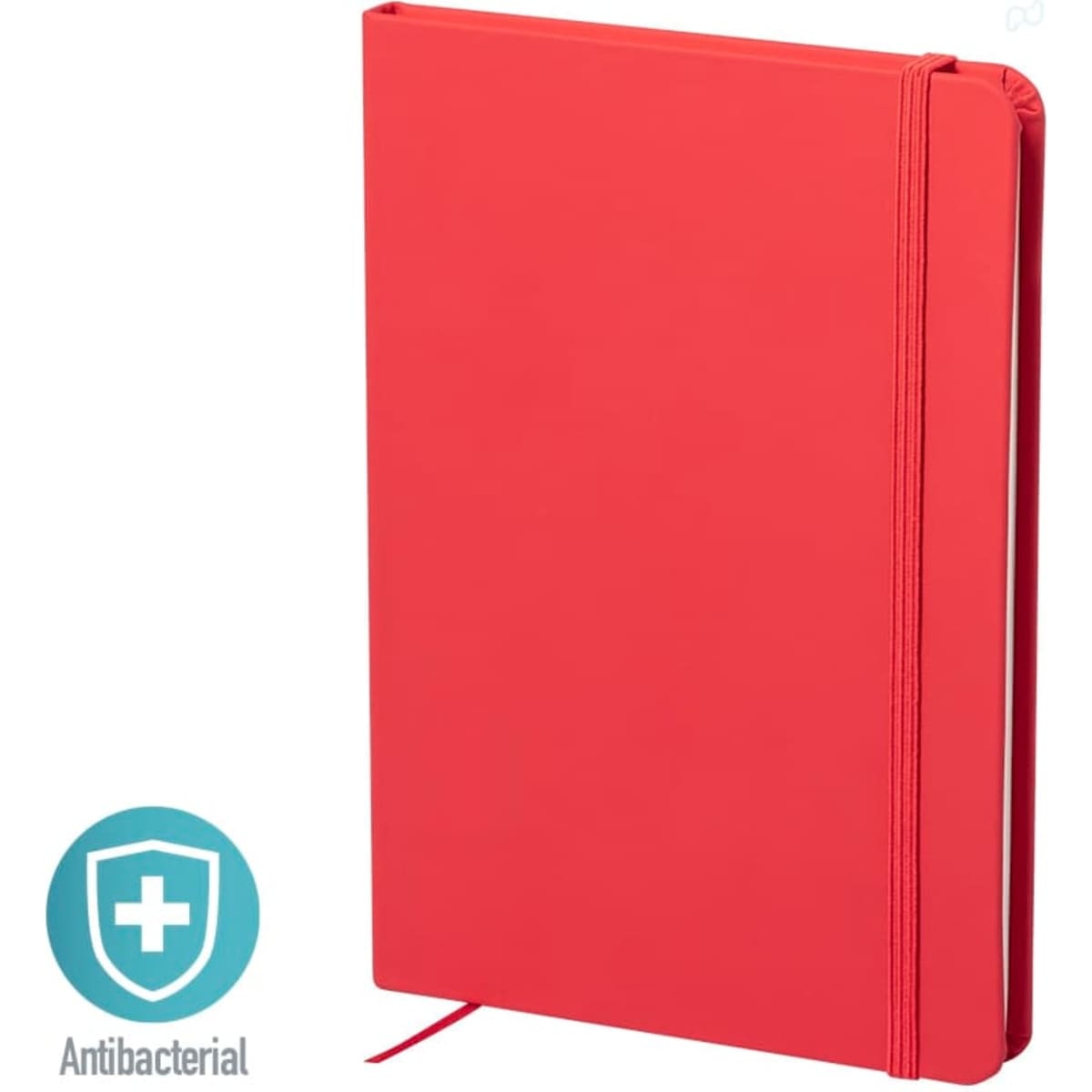 A red Kioto Notebook with a smooth cover, featuring a logo and an antibacterial design.