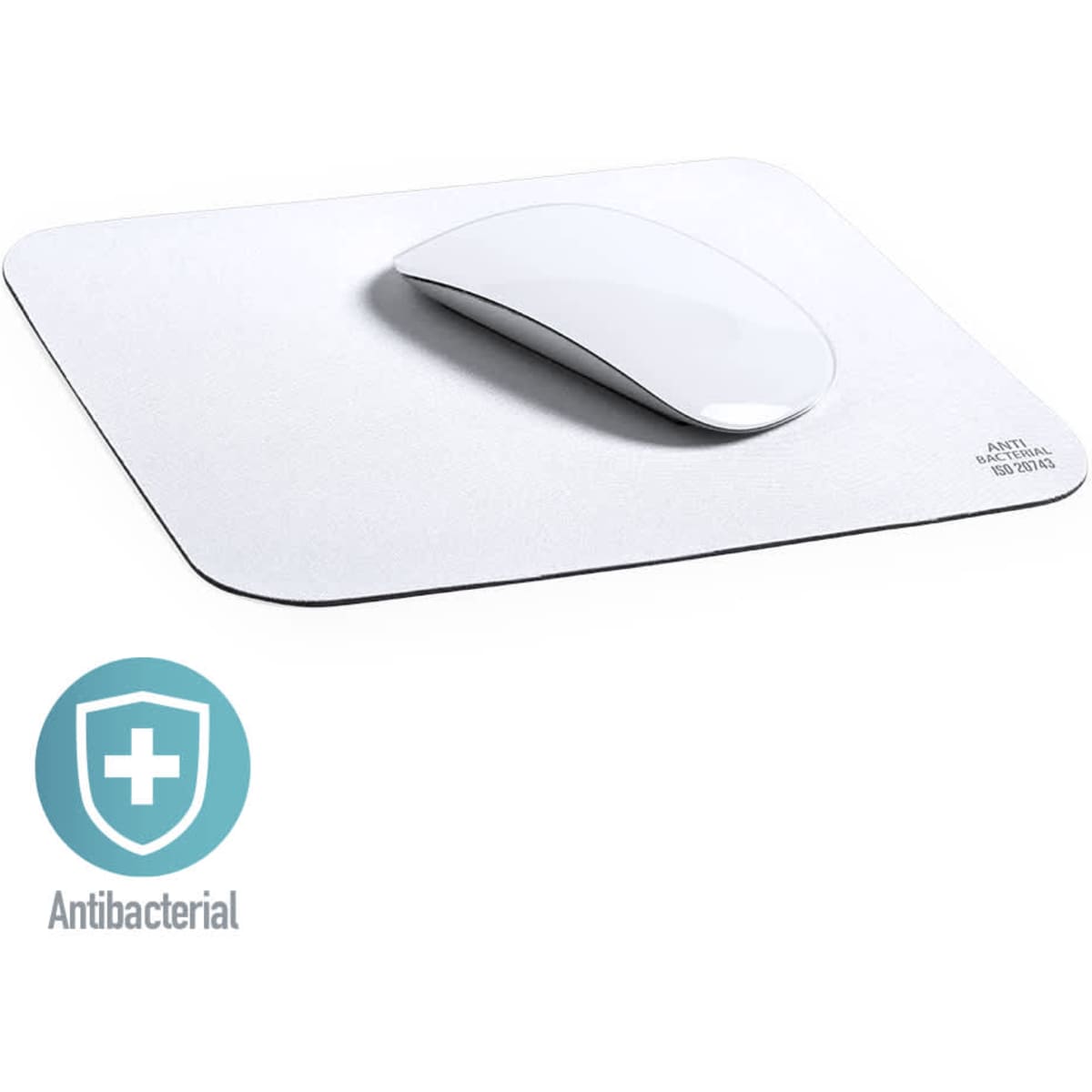 An antibacterial mousepad in white with a sleek design and a computer mouse positioned on top.
