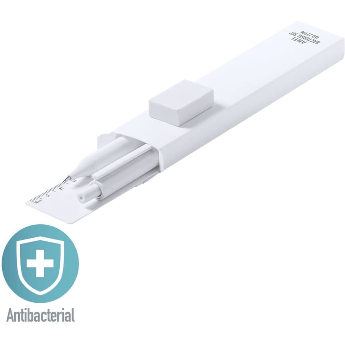 A white antibacterial set featuring two pens and a ruler, enclosed in a sleek, white case with a logo.