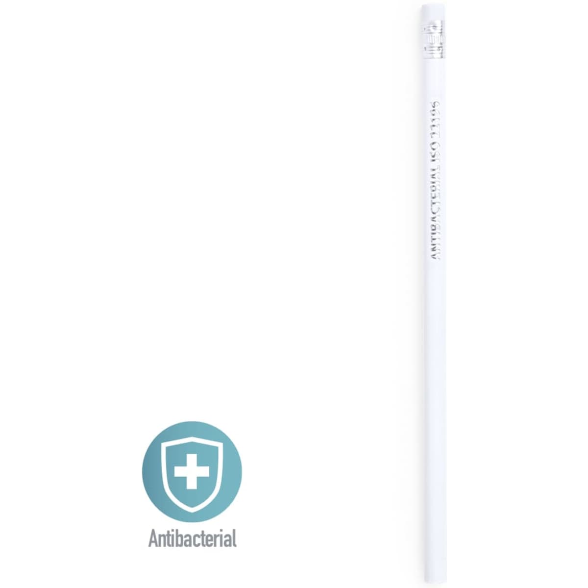 A grey-lead pencil in white colour with an eraser at the top and a small logo.
