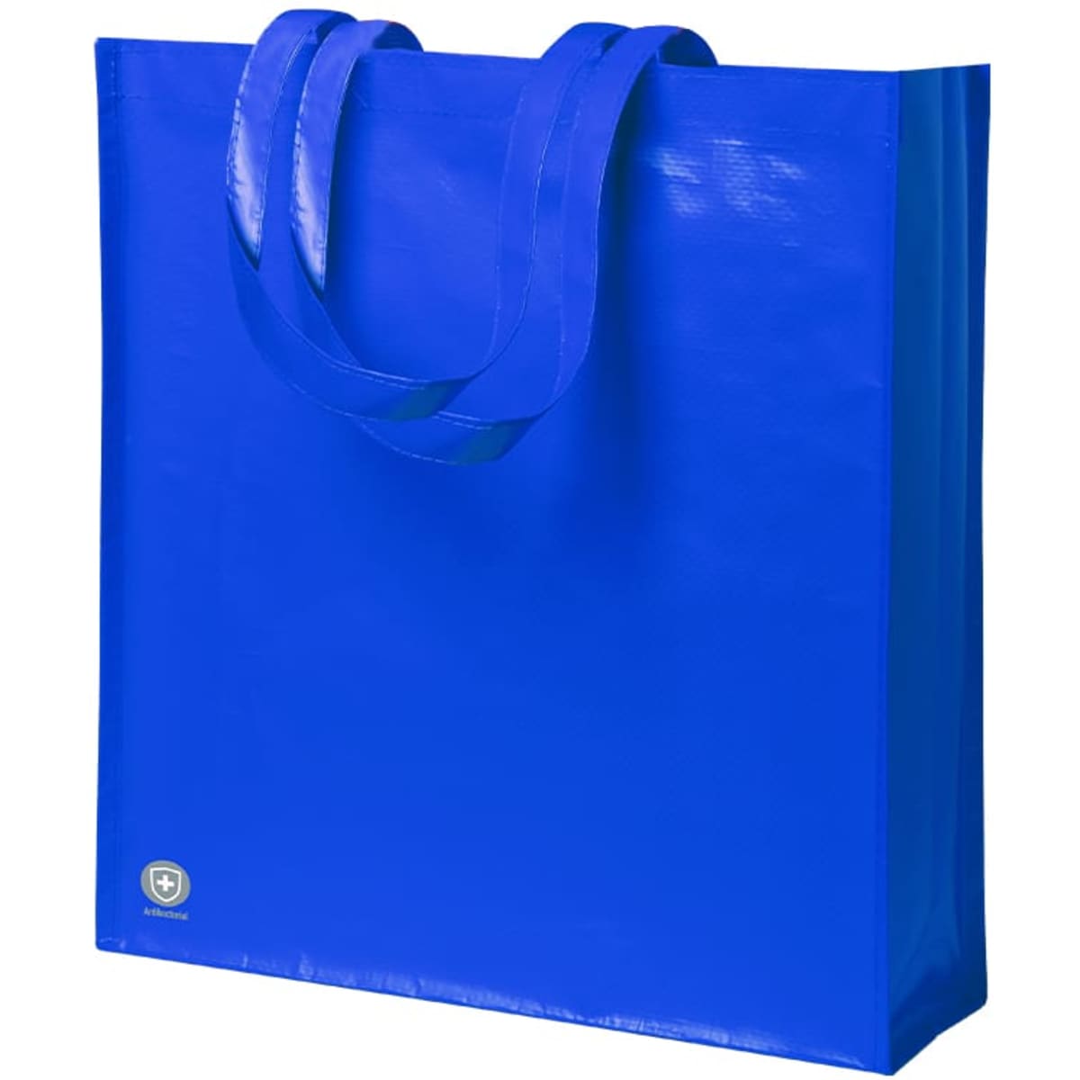 A blue reusable grocery bag with sturdy handles and a simple design, featuring a small logo.