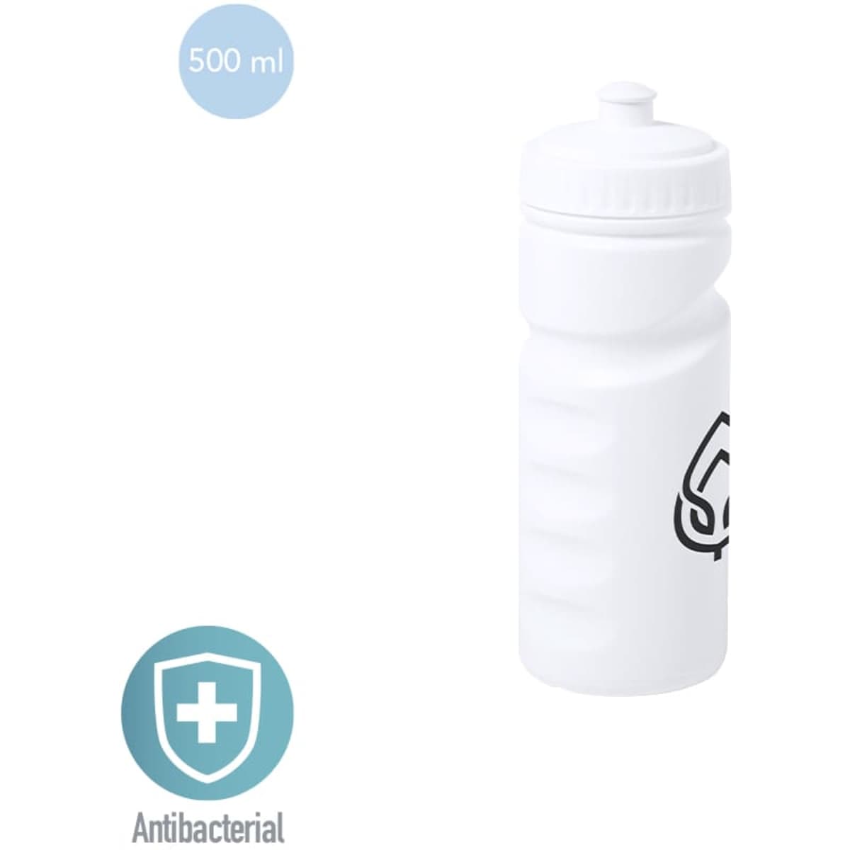 A drink bottle in white, featuring a screw-top lid and a design element, with antibacterial properties, holding 500 ml.