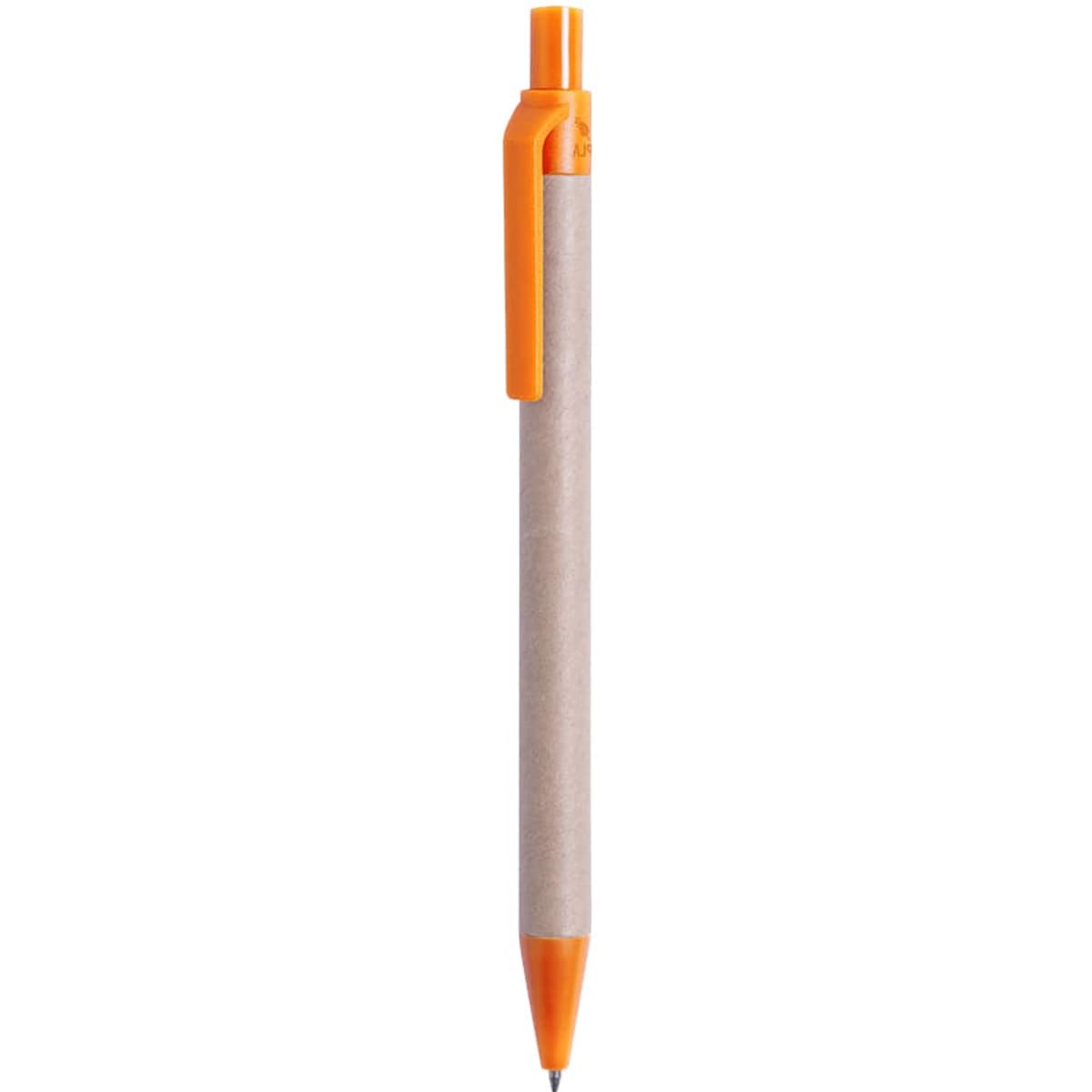 An orange and brown pen with a click mechanism and a clip, featuring a logo on the barrel.