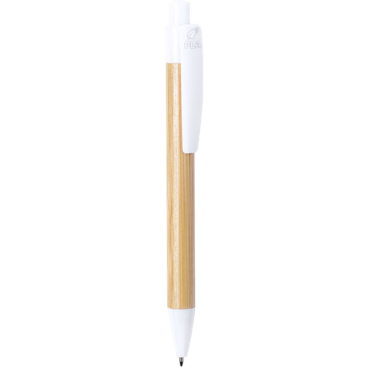 A wooden pen with a bamboo body and a white plastic cap and clip, featuring a logo on the cap.
