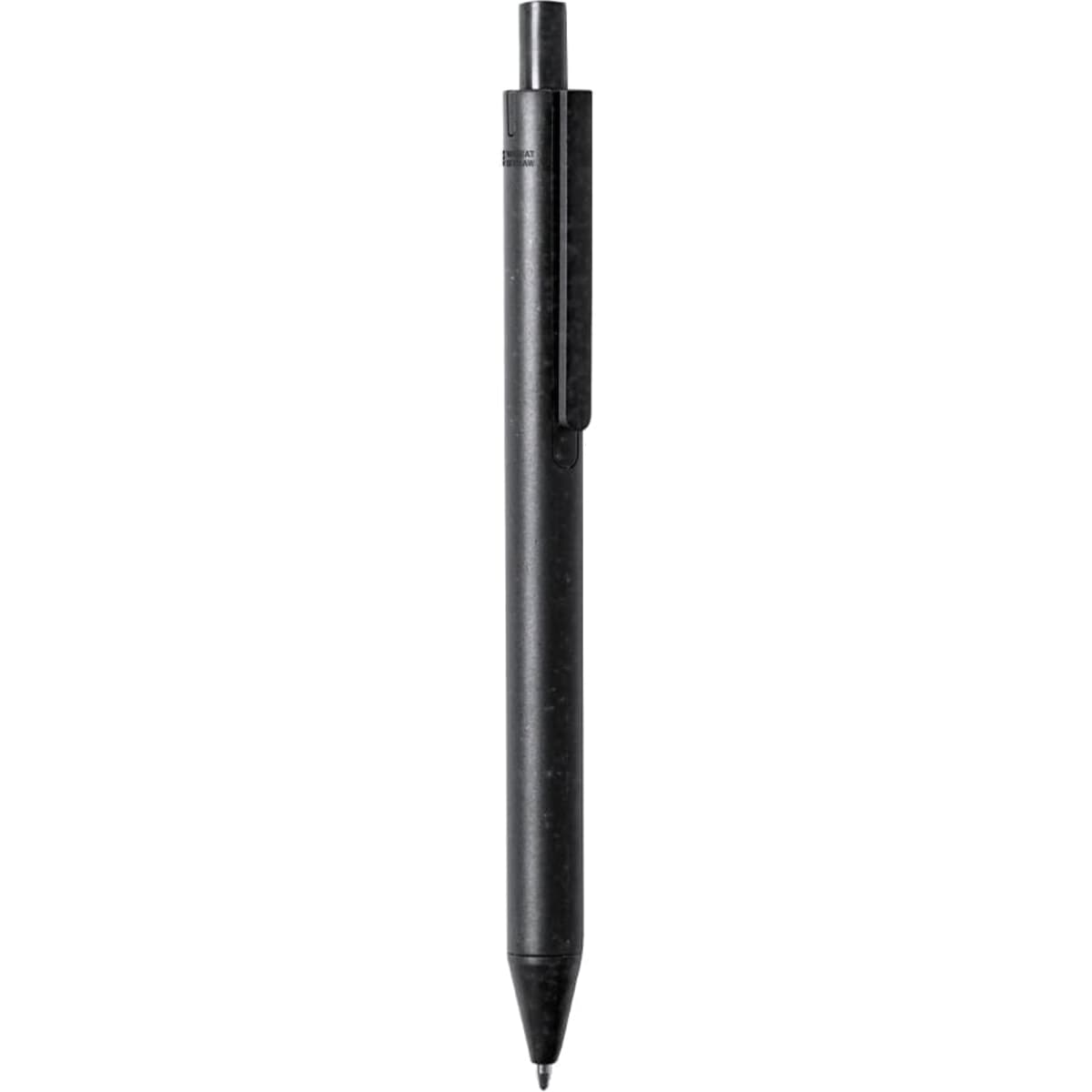 A black pen with a retractable tip and a clip, featuring a simple design and a branding logo.