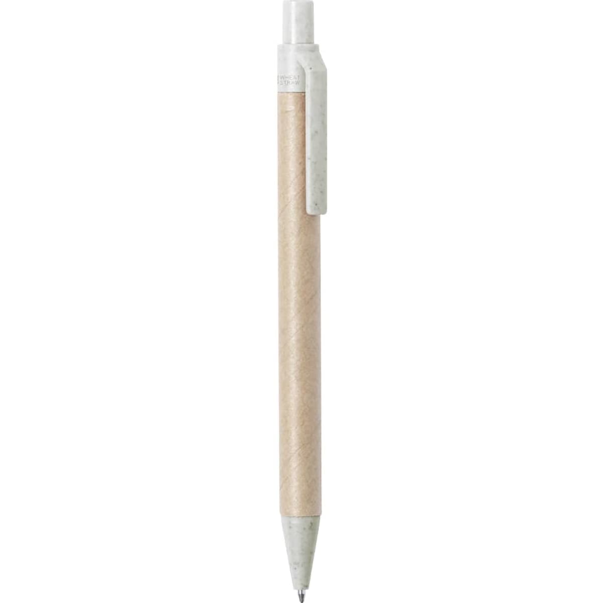 A wooden pen with a white top and clip, featuring a smooth silver tip and a natural wood finish.