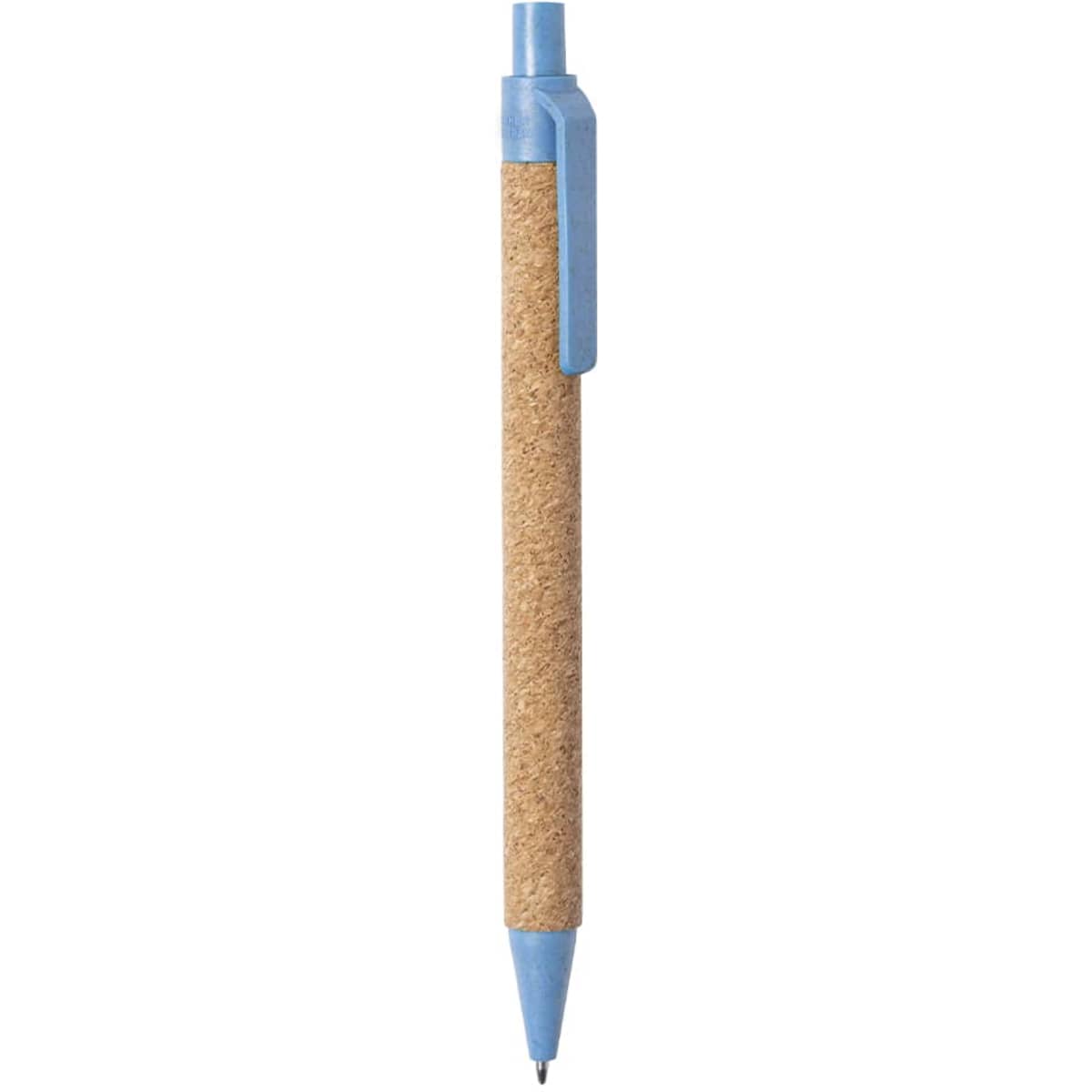 A blue pen with a cork grip and a blue clip, featuring a branding logo.
