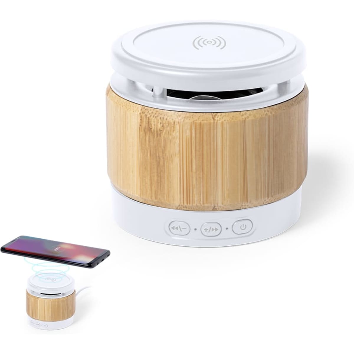 A Bluetooth speaker with a bamboo finish and white accents, featuring control buttons on the base.