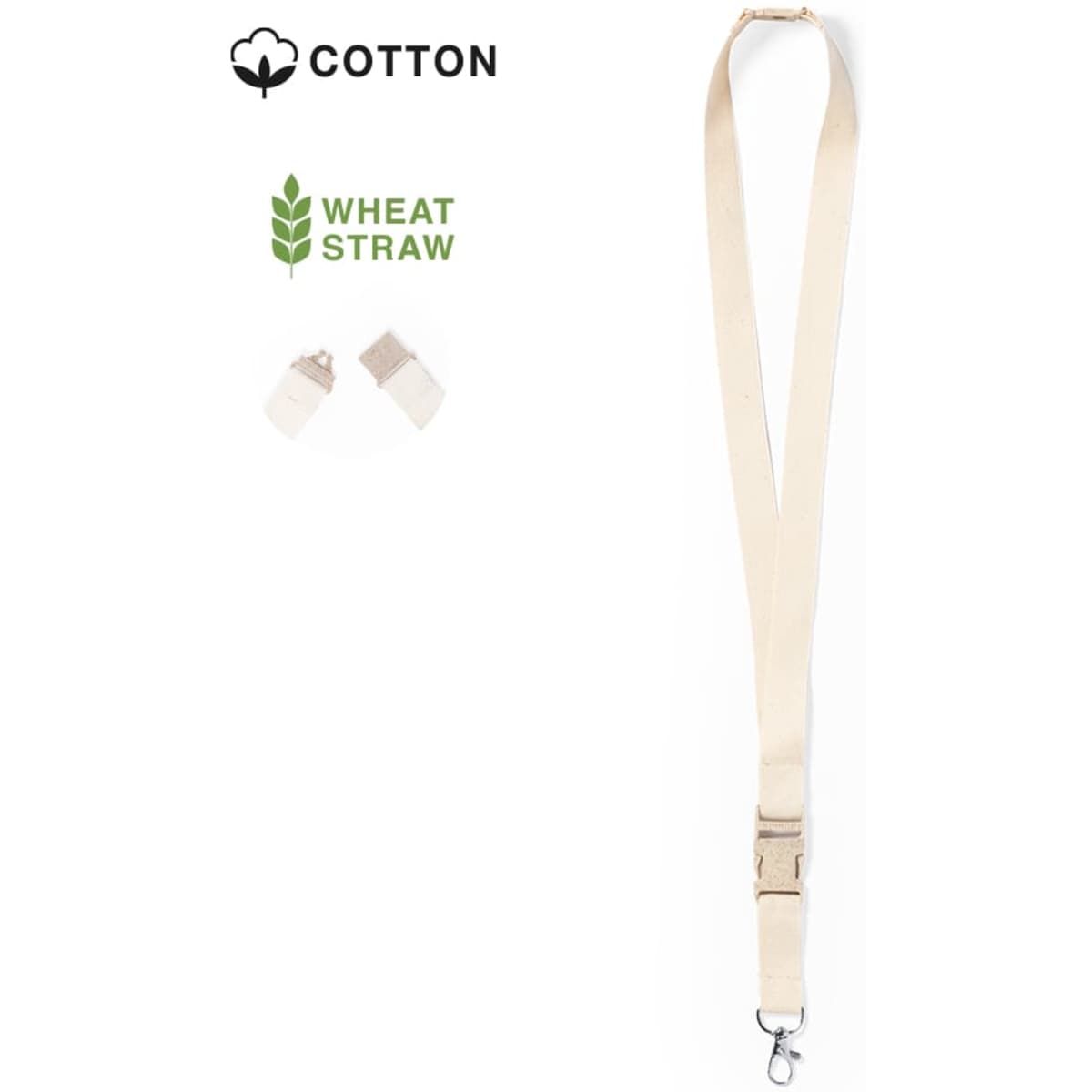 A beige lanyard made from cotton, featuring a logo and attachments for convenience.