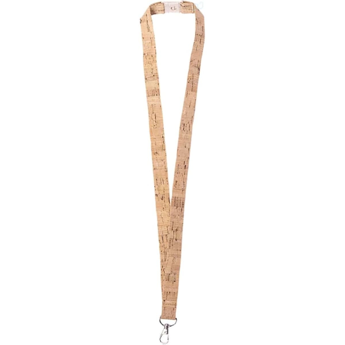A beige lanyard with a patterned design and a metal clip at the end. It features a logo.
