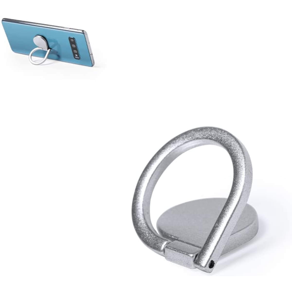 A silver phone holder featuring a ring attachment for better grip, designed for use with mobile devices.