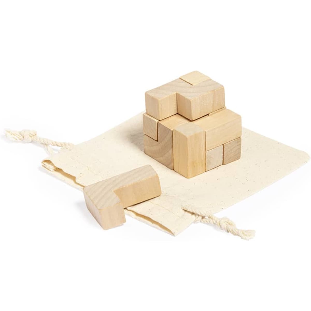 A set of wooden puzzle pieces in natural colour, resting on a cream-coloured fabric pouch.