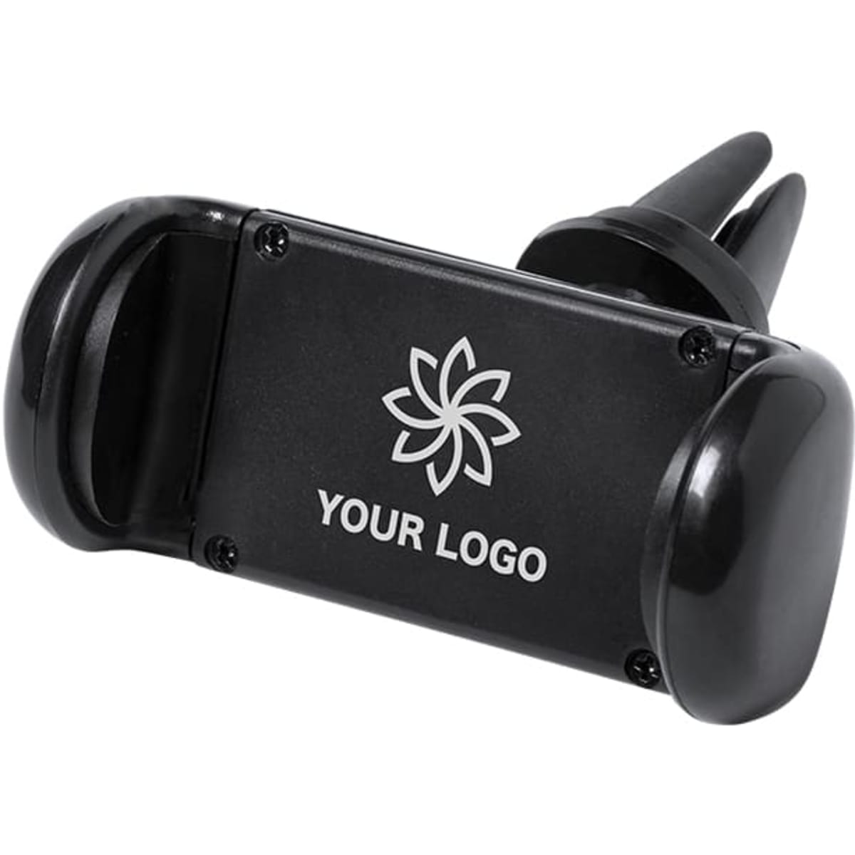 A black car phone holder with a vent clip and a logo design on the front.