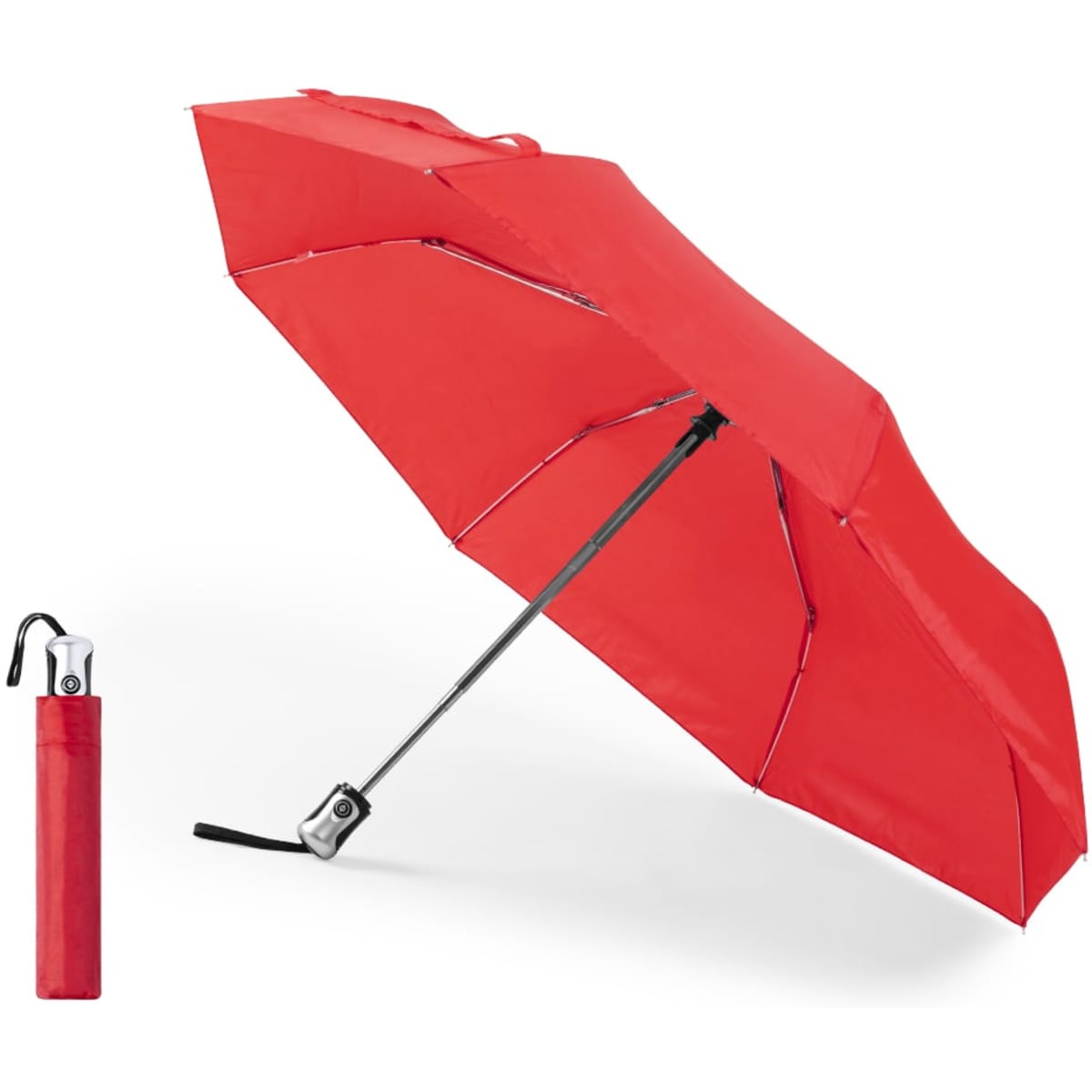 A red umbrella with a silver handle, folded beside it. The umbrella features a compact design for ease of transport.