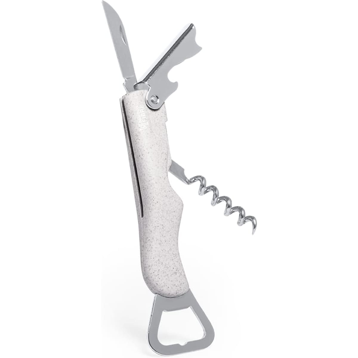 A drink bottle opener with a silver metal finish and a light-coloured handle, featuring multiple tools including a knife and corkscrew.